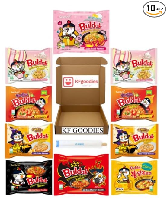 KF GOODIES Korean Ramen Variety Pack Gift Box (10 Count) – Spicy Buldak Noodle Assortment for