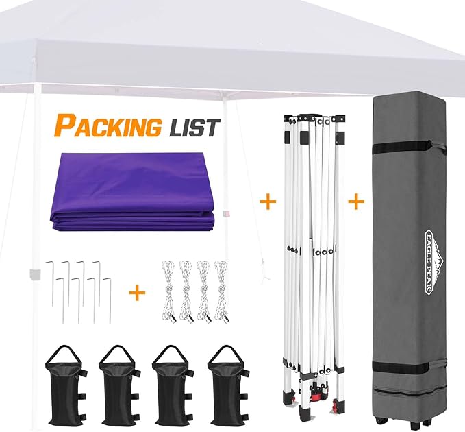 EAGLE PEAK Pop Up Canopy Tent with Wheeled Carry Bag, 8 Stakes, 4 Ropes, 4 Weight Bags, Easy Set Up