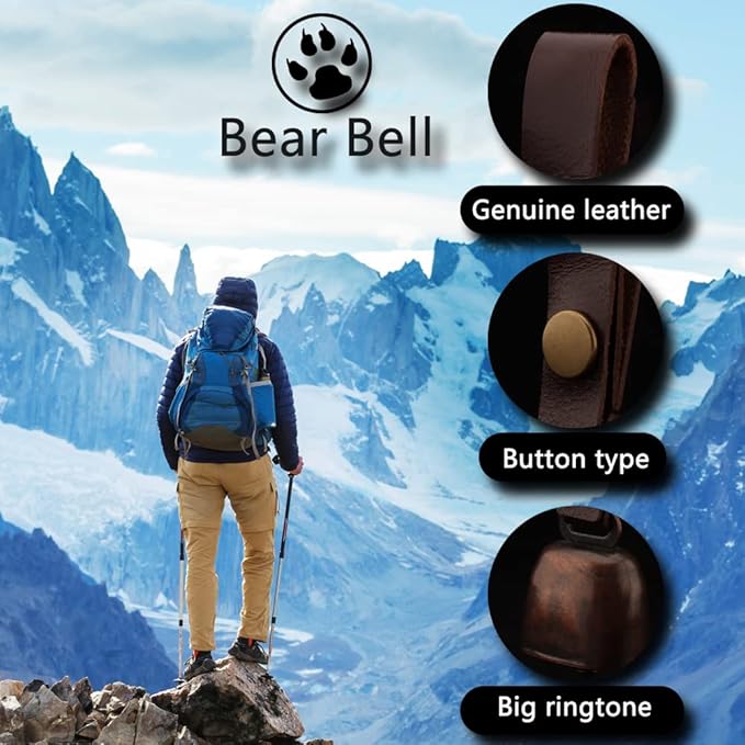 kcrygogo Loud Bear Bells with Leather Button Strap and Emergency Whistle for Survival, Hiking