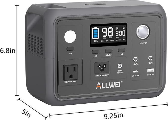 Portable Power Station 300W (Peak 600W), ALLWEI 256Wh Solar Generator with 60W USB-C PD Output