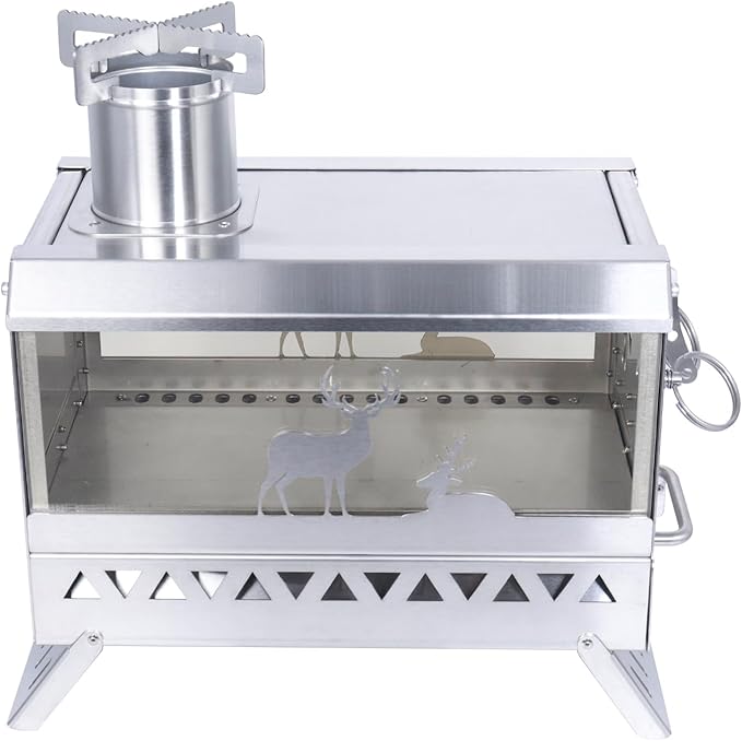 Outdoor Camping Tent Stove Portable Stainless Steel with Chimney Barbecue Net for Outdoor Cooking