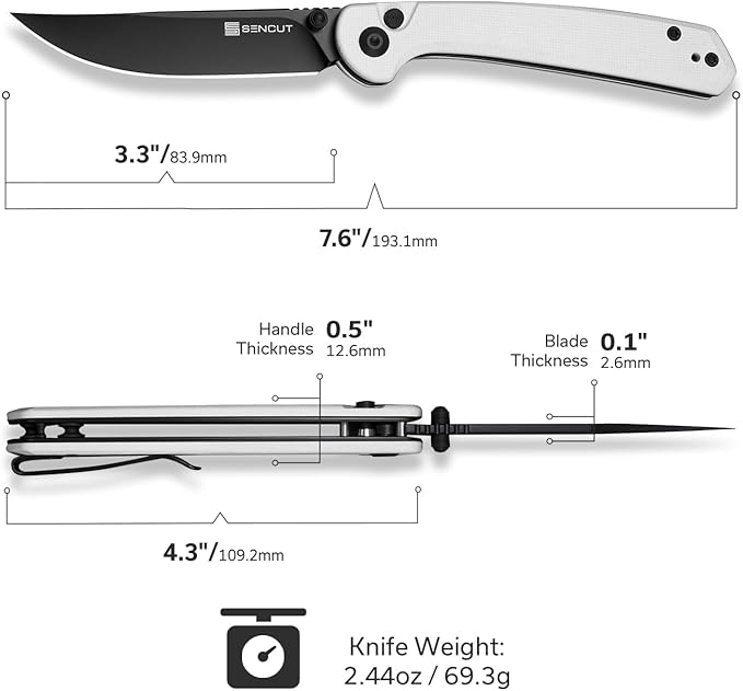 SENCUT Skelfin Pocket Knife for EDC, Folding Knife with 3.3'' Blade & G10 Handle, for Camping