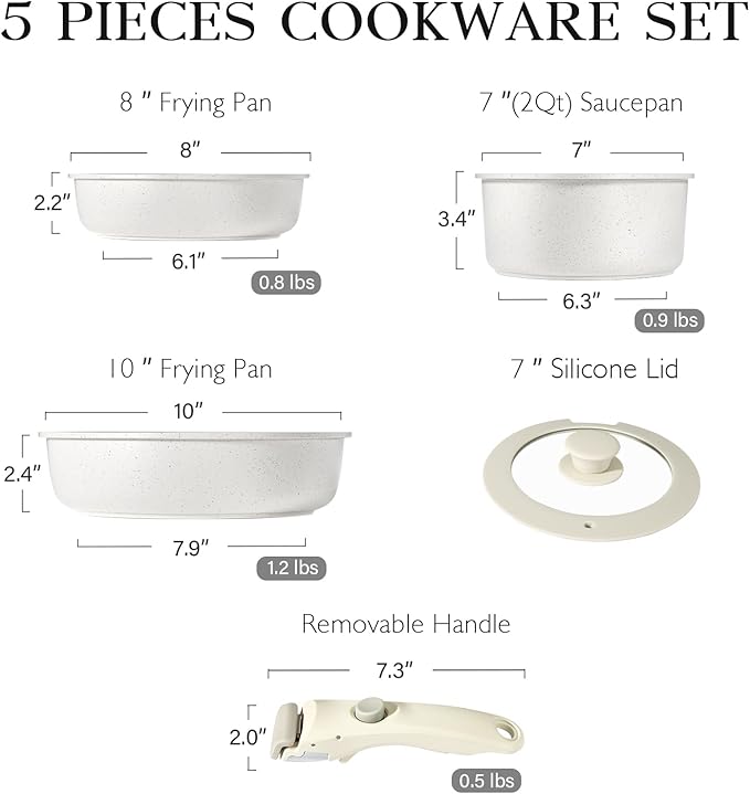 GiPP 5Pcs Pots and Pans Set Non Stick, Cookware Sets Nonstick Detachable Handle, Induction Kitchen