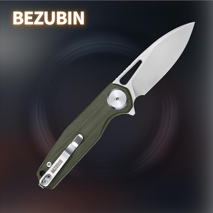 Pocket Folding Knife,3.15" D2 Steel Blade,Green G10 Handle,Push Button Lever Lock,Pocket Knife with