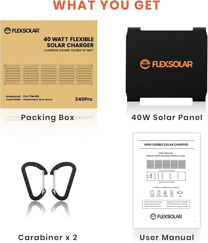 FlexSolar 40W Portable Solar Panel Charger - Upgraded Fast Charging with USB-C PD2.0, QC3.0 & 19V