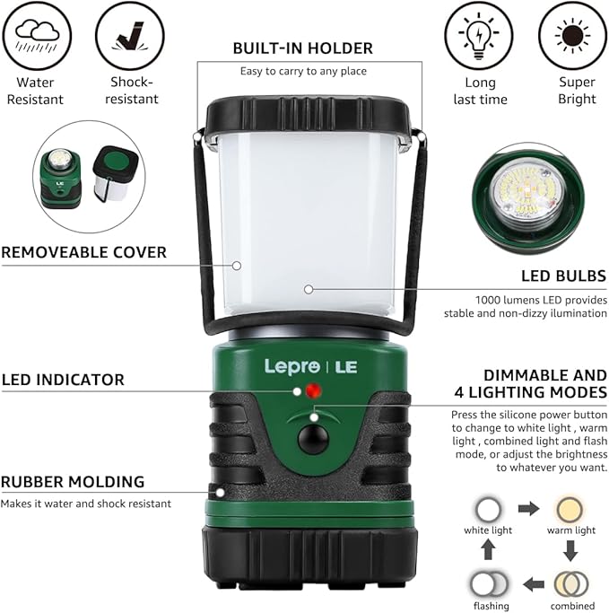 Lighting EVER 1000LM LED Camping Lantern Rechargeable, 4400mAh Power Bank, Camping Essential with 4