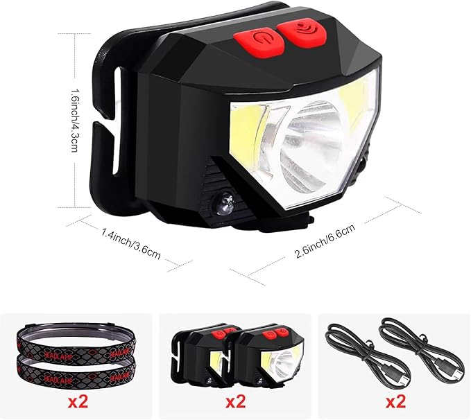 Headlamp Rechargeable 2 Pack, Bright LED Head Lamp Outdoor 1100 Lumen Headlight with White Red