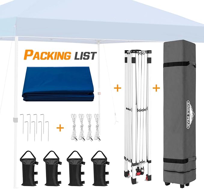 EAGLE PEAK Pop Up Canopy Tent with Wheeled Carry Bag, 8 Stakes, 4 Ropes, 4 Weight Bags, Easy Set Up
