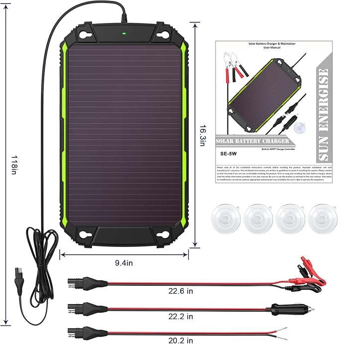 Sun Energise 5W 12V Solar Battery Charger Maintainer PRO, Built-in Smart MPPT Charge Controller