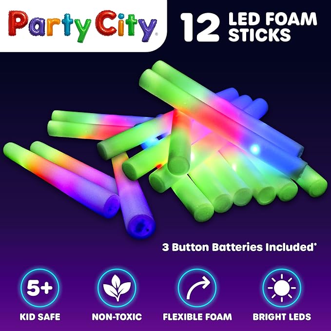 Party City 12pk LED Foam Glow Sticks 14?? Glow in the Dark Party Supplies Favors, Colorful Flashing