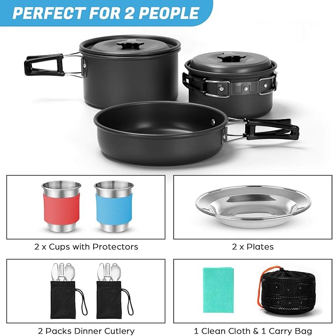 Odoland 15pcs Camping Cookware Mess Kit, Non-Stick Lightweight Pots Pan Set with Stainless Steel