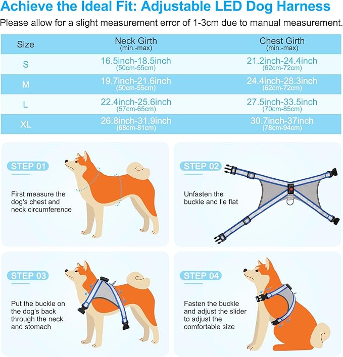 Visinite LED Dog Harness, USB Rechargeable Light Up Dog Vest, 2 Illuminate Modes Glow in The Dark