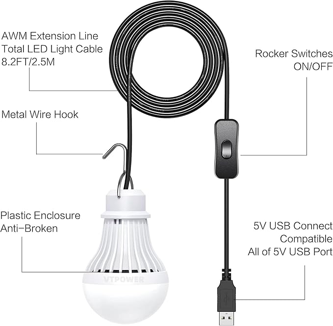 2 Pack USB Light Bulb, USB LED Camping Light Lantern, 8.2 ft Extra Length Cord Tent Light with USB