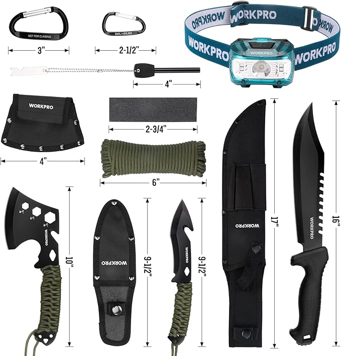 WORKPRO Camping Hatchet & Machete with Sheath, Camping Axe and Fixed Blade Hunting Knives with