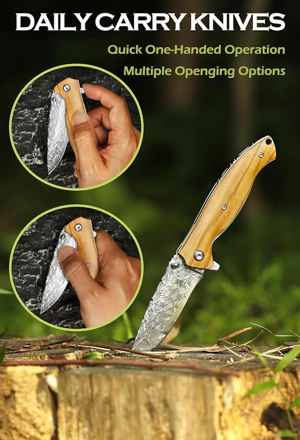 YOUSUNLONG Folding Knife Overall 191mm Pocket Knife - Hammered Damascus Steel Blade - Natural