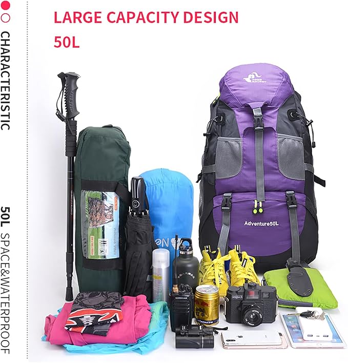Bseash 50L Hiking Backpack, Water Resistant Lightweight Outdoor Sport Daypack Travel Bag for