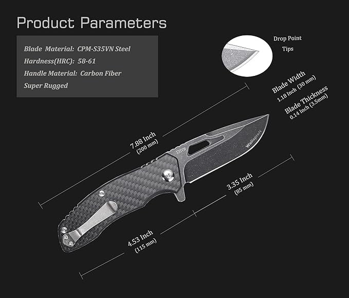 Folding Tactical Knife - Carbon Fiber Handle Liner Lock, S35VN Powder Steel Sharp Blade - 3.35''