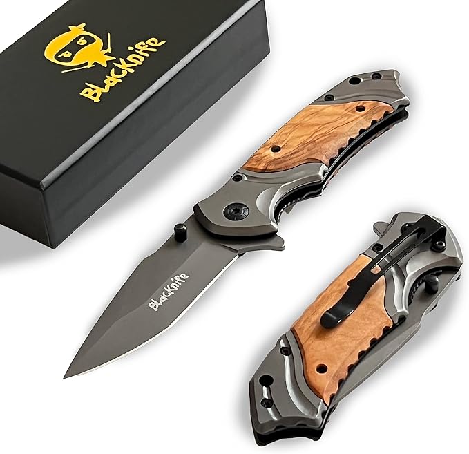 BlacKnife Pocket Knife For Men, Folding Pocket Knife with Wooden Handle and Clip – Ideal Knife for