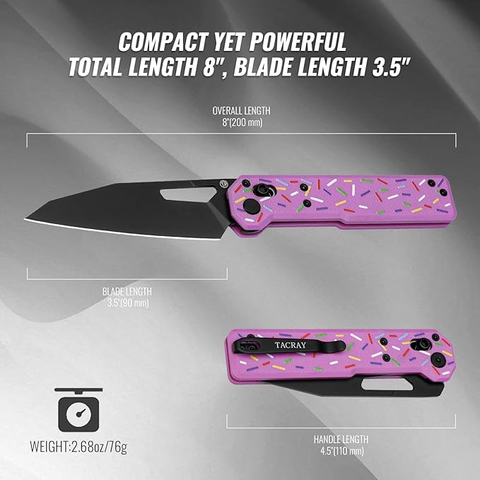Tarcus Folding Pocket Knife, 3.5" D2 Steel DLC Blade G10 Handle, Lightweight EDC Knife with