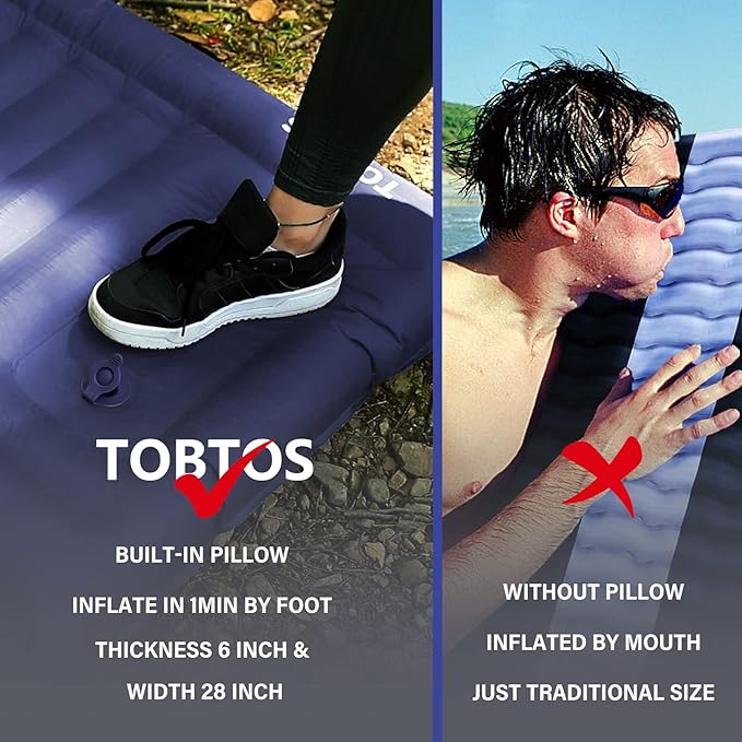 TOBTOS Inflatable Camping Sleeping Pad with Pillow, Thick 6 Inch Ultralight Sleeping Pad with