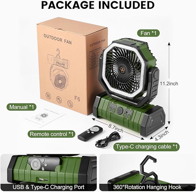 Odoland 30000mAh Camping Fan with LED Lantern, Rechargeable Battery Operated Oscillating with