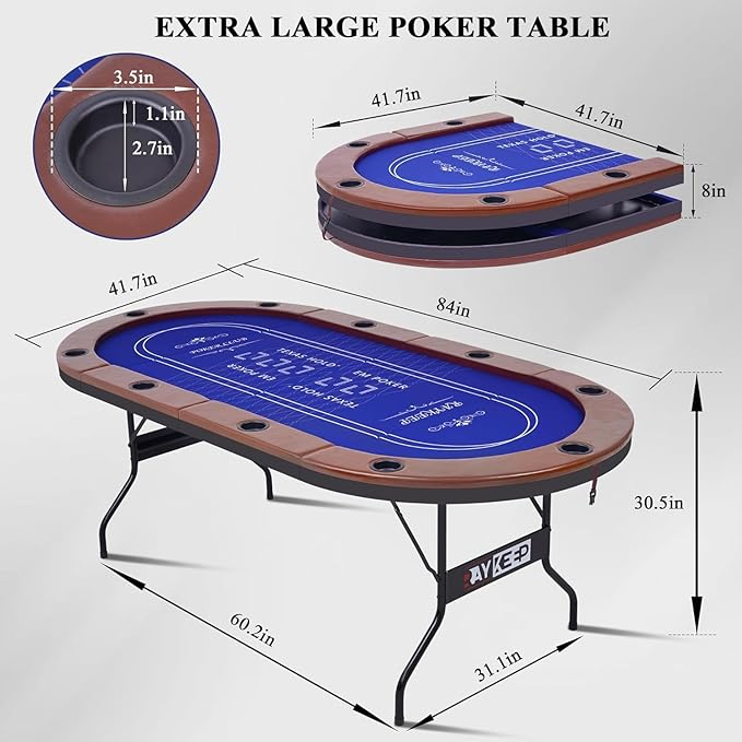 Foldable Poker Table for 10 Players, 84" Folding Blackjack Texas Holdem Table, Portable Casino