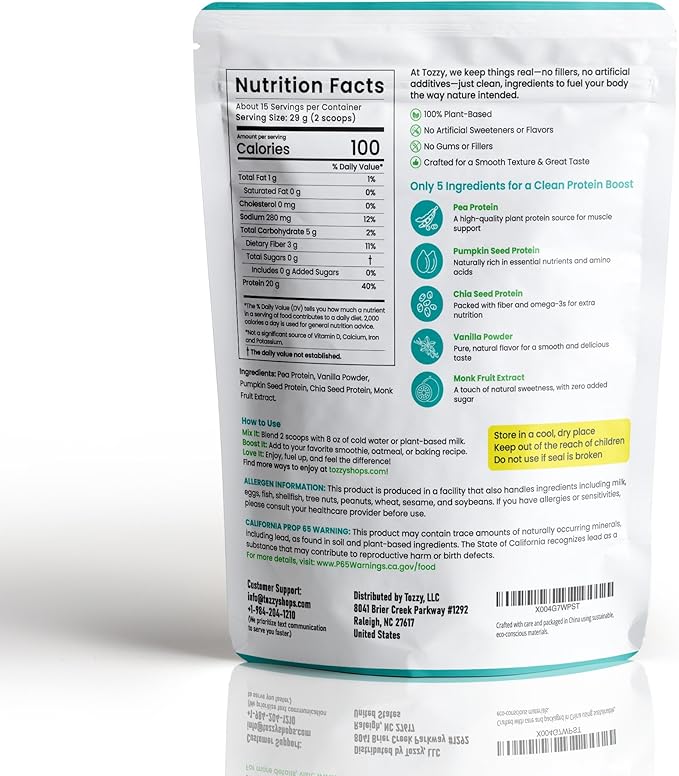 TOZZY Plant Protein ??Vanilla | Only 5 Simple Ingredients | 20g Protein, 0g Sugar | Vegan Pea