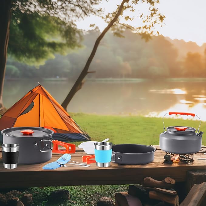 Soulchen 25 Pcs Camping Cookware Mess Kit Camping Pots and Pans Set with 2 Set Stainless Steel Cups