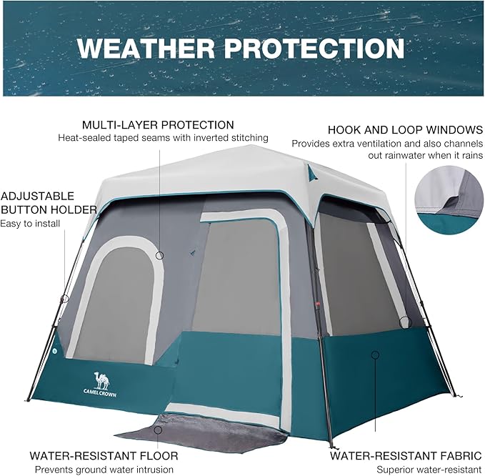 Camping Tents 4/6 Person Pop Up Instant Tent - Setup in 60s for Family Camping, Windproof Design