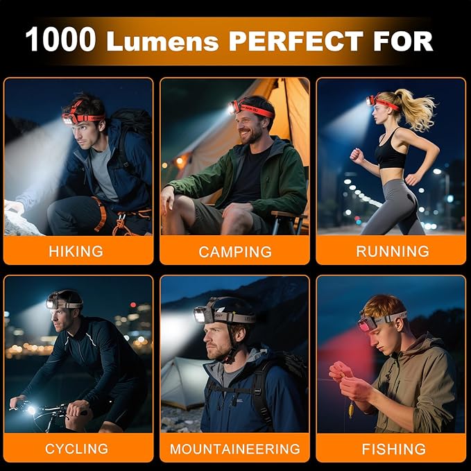 LED Headlamp Rechargeable Battery Powered Forehead 5 Light Mode 1000 High Lumen Usb C Waterproof