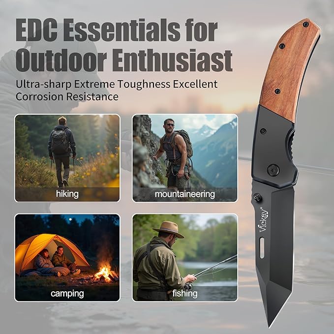 Vickay Pocket Knife, Folding Knife with Clip - 3.54??Steel Blade, Wood Handle EDC Knife for Men &