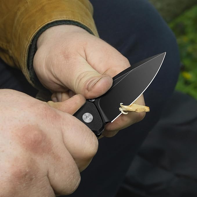 FINTISO Pocket Knife, 3" 14C28N Steel Blade G10 Handle Small EDC knife with Button Lock, Sharp