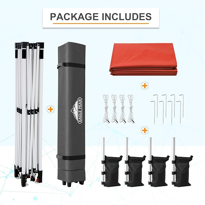 EAGLE PEAK Pop Up Canopy Tent with Wheeled Carry Bag, 8 Stakes, 4 Ropes, 4 Weight Bags, Easy Set Up