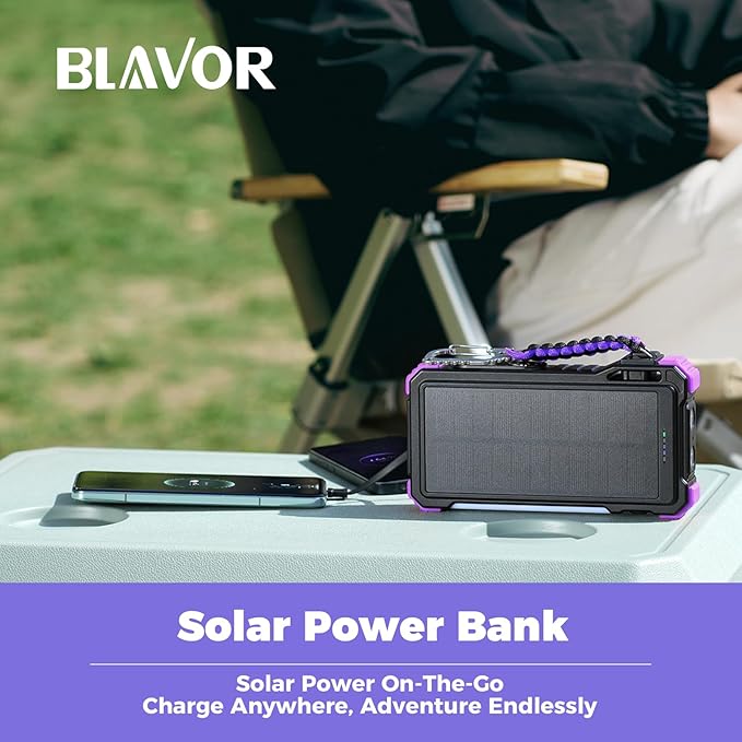 BLAVOR Solar Power Bank 20000mAh/74000mWh Built-in Cables, Wireless Charger for Apple Watch, 20W