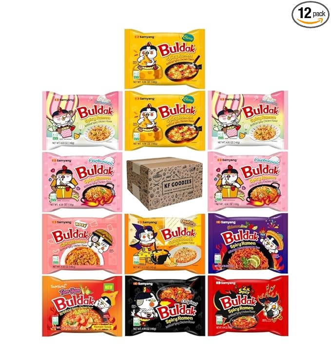 KF GOODIES Korean Ramen Variety Pack Gift Box (12 Count) - Spicy Buldak Noodle Assortment for