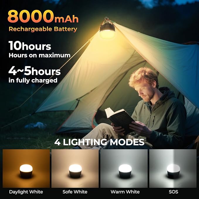 LED Camping Lantern, 8000mAh Rechargeable Tent Light with 3 Color Temperatures, 6-Level Dimming