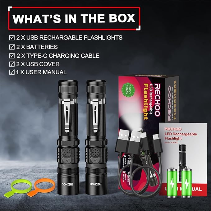 Rechargeable Flashlights 2 Pack, RECHOO High Lumens LED Tactical Flashlight with Double Switch