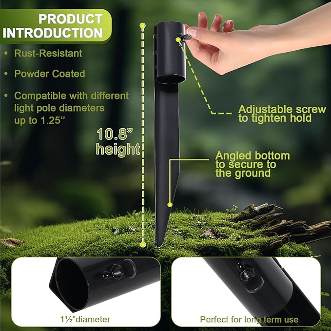 Steel Torch Stakes for Tiki Torches, Freestanding Poles and Solar Lights, 10.8 Inch Torch Stand