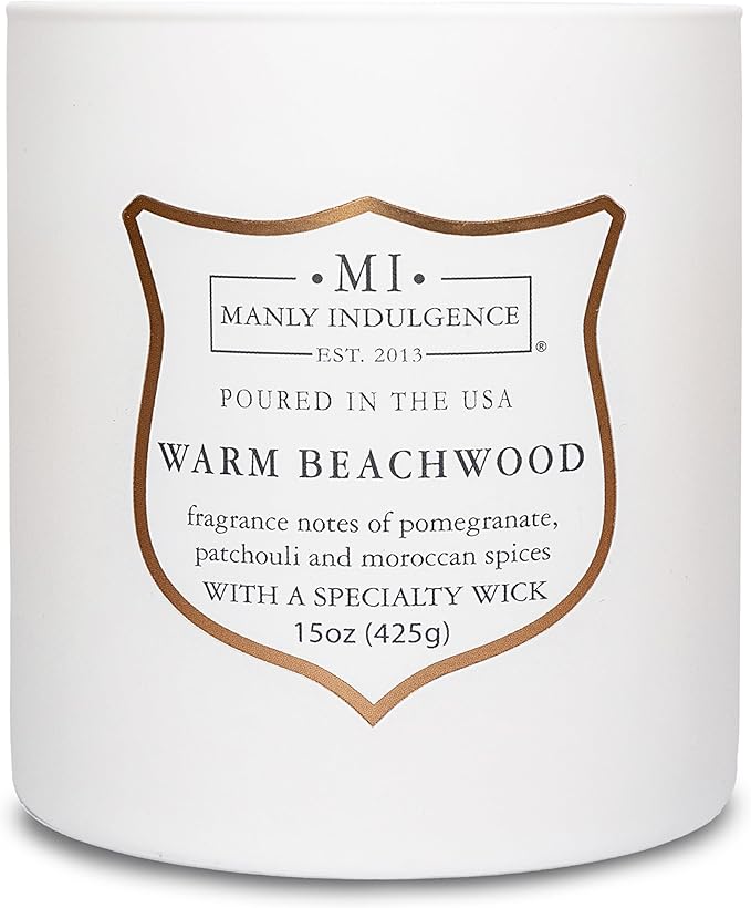 Manly Indulgence Warm Beachwood Scented Candles for Men, 15 oz Wooden Wick, Premium Soy Blend Wax