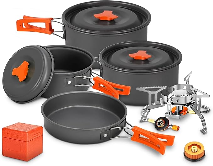 Camping Cookware Mess Kit Set with Stove - Backpacking Camping Pots and Pans Set, All in One