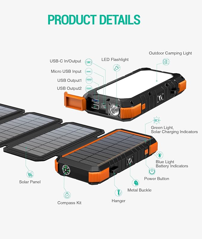 BLAVOR Solar Charger Power Bank, PD 18W Fast Charging 20000mAh Battery Pack with 4 Foldable Panels