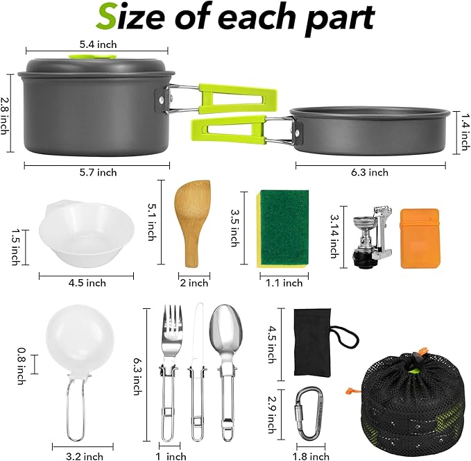 15pcs Camping Cookware Mess Kit,Non-Stick Lightweight Pots Set Portable Outdoor Cookware for
