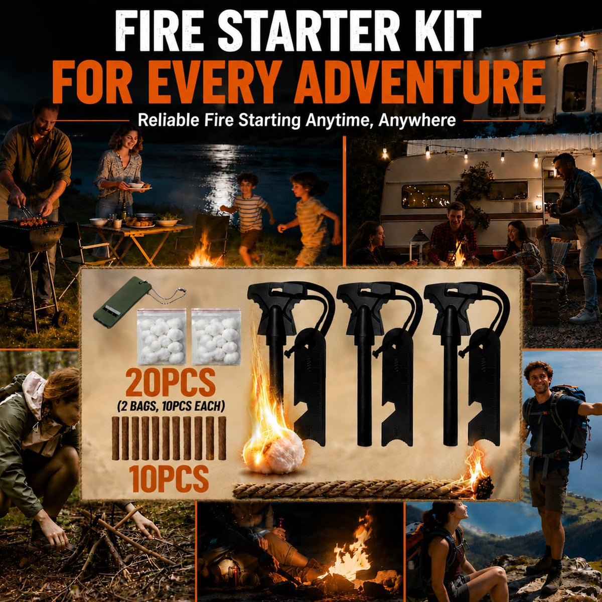34PCS Fire Starter Survival Kit with 3 Ferro Rods & Striker Tinder