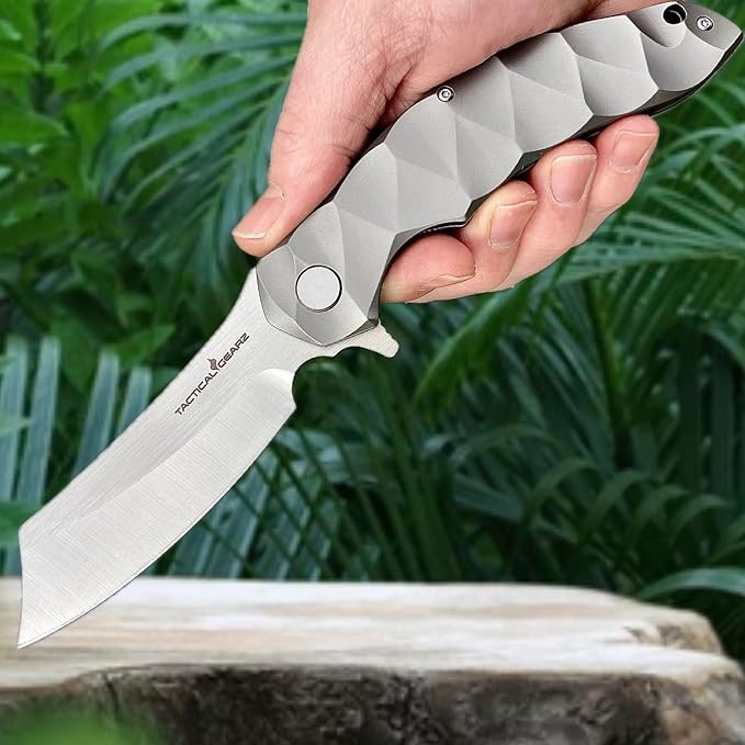 Titanium Pocket Folding Knife, Solid Tc4 Titanium Handle, CPM-D2 Steel DAO Blade, Includes Sheath