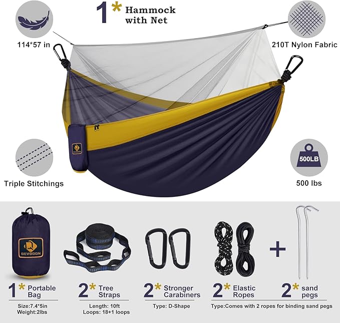Camping Hammock with Net,Travel Portable Lightweight Hammocks with Tree Straps and Solid D-Shape