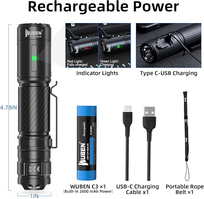 WUBEN C3 Rechargeable Flashlight 1200 High Lumens Super Bright, LED Tactical Flashlights, Powered