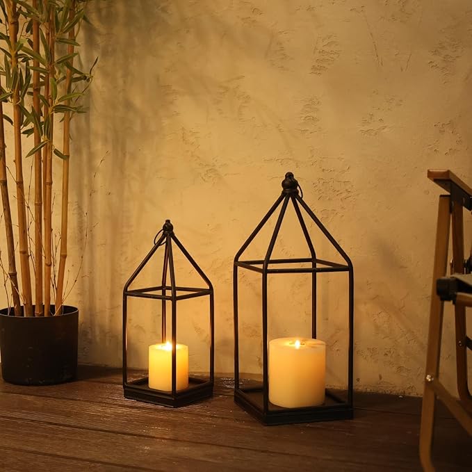 DECORKEY Luxury Lantern Decorative Outdoor&Indoor, Set of 2 (18’’&14’’) Black Metal Lanterns Decor