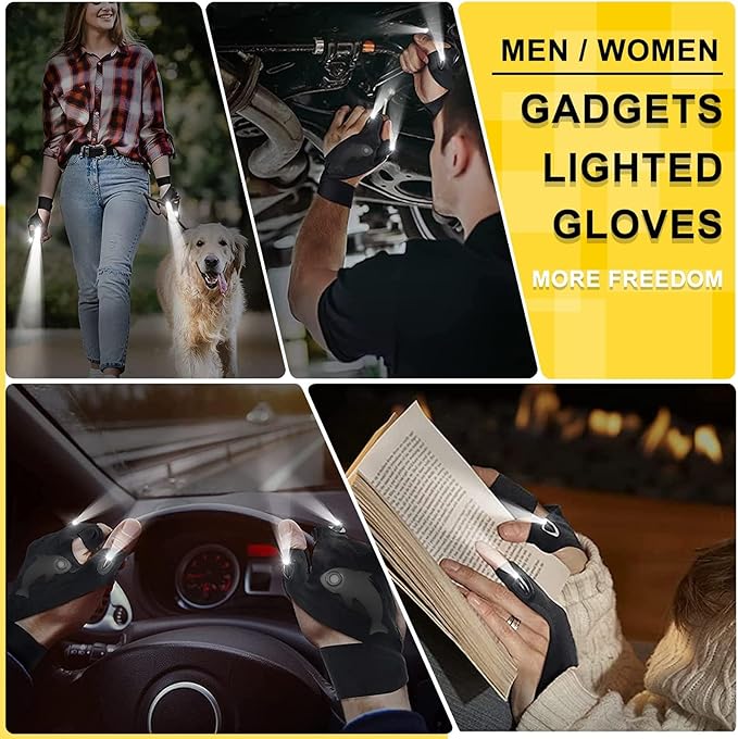LED Rechargeable Flashlight Gloves, Gifts for Men, for Dad, Cool Stretchy Fingerless Light Gloves