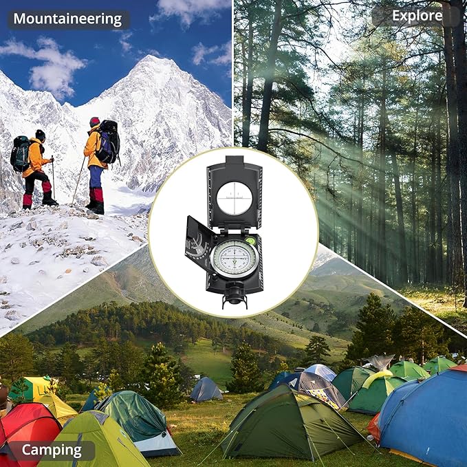 Compass Hiking Survival, IP65 Waterproof Metal Compass with Sighting Clinometer and Carry Bag