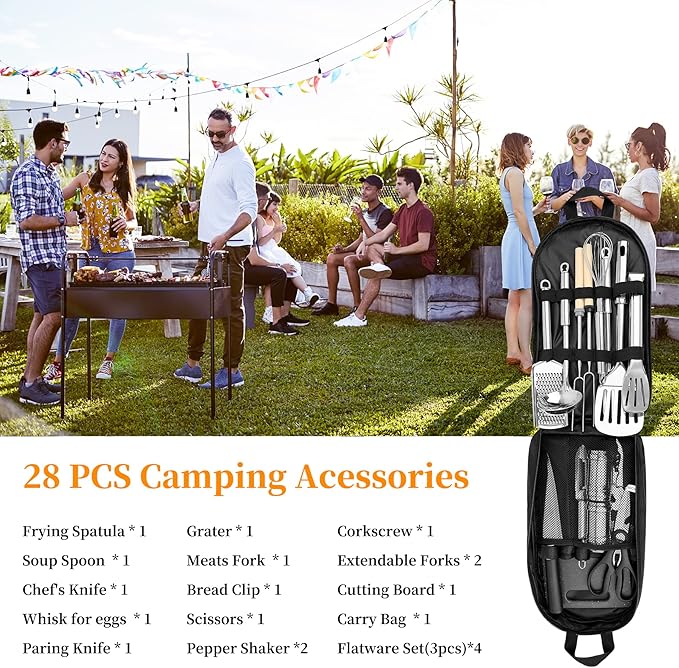 Camping Cooking Utensils Set, Stainless Steel Grill Tools, Camping BBQ Cookware Gear and Equipment